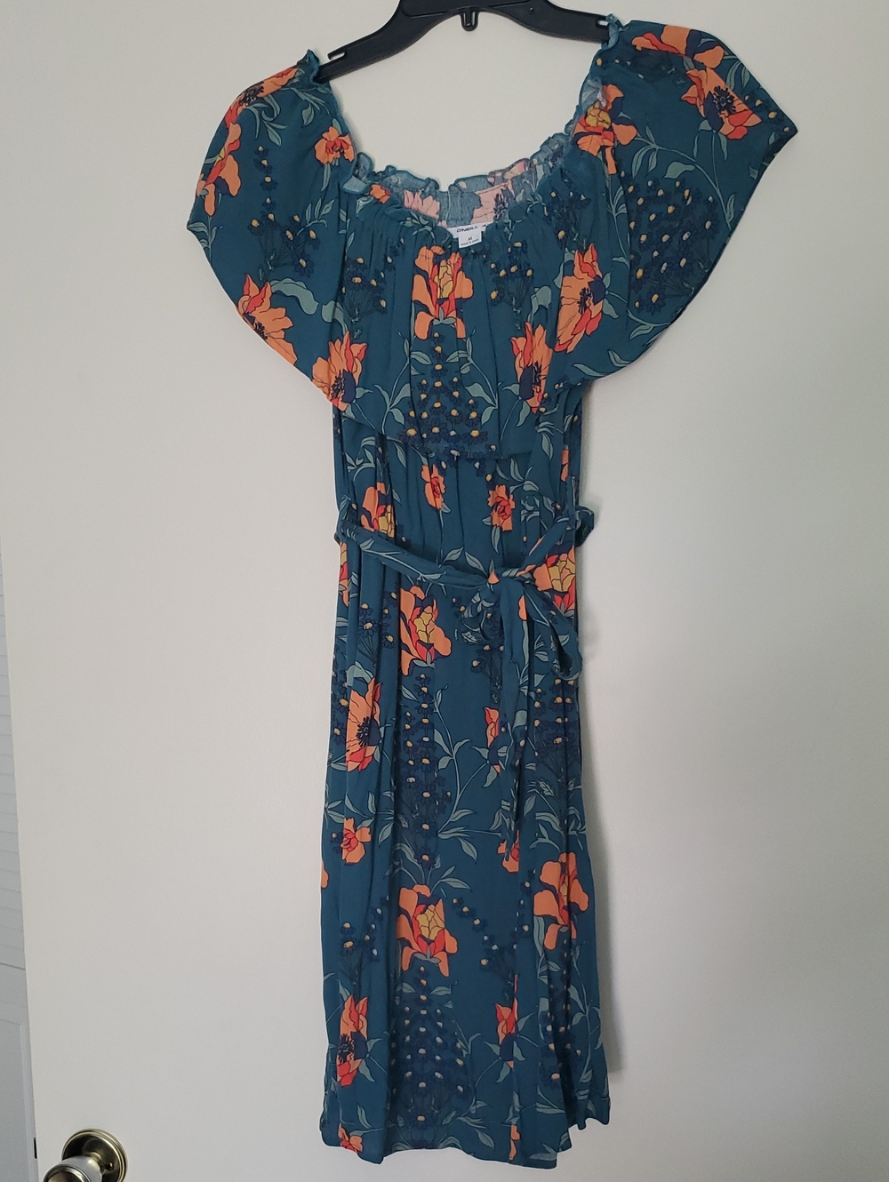 O'Neill Teal Mini Dress with Orange Floral Print and Belt